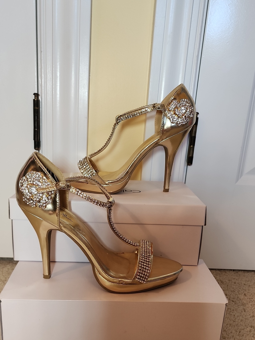 Gold Rhinestone T-Strap Stilettos